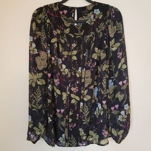 Sheer navy floral/leaf print Ann Taylor blouse